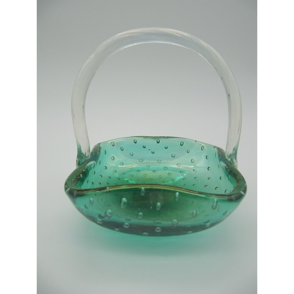 Iridescent Green with Controlled Bubbles Clear Handle Basket Art Glass 5"x5"